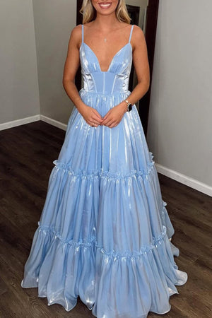 Elian | Cute A Line V Neck Light Blue Glitter Organza Satin Prom Dress -KissProm