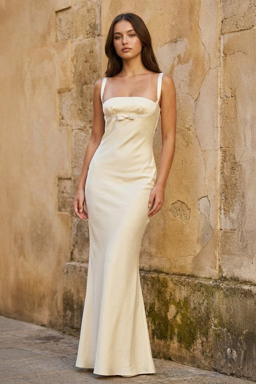 Yellow Square Neck Mermaid Satin Long Prom Dresses With Bowknot - KissProm