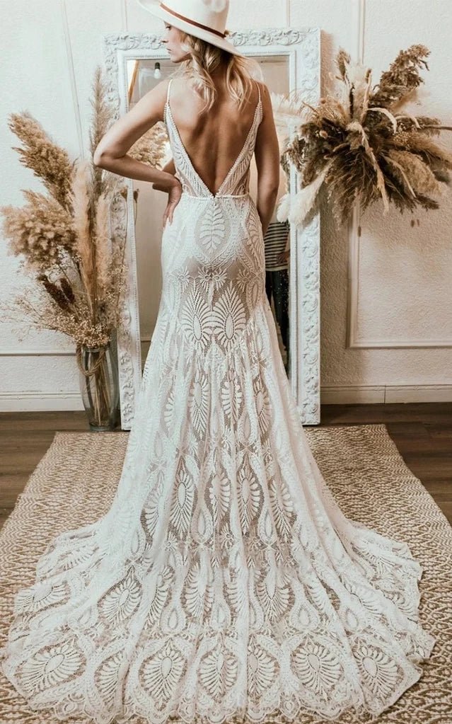 Beach Floral Mermaid Plunging Boho Lace Wedding Dress with Sweep Train – Wedding Dresses by Kissprom | Available at KissProm