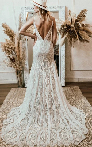 Beach Floral Mermaid Plunging Boho Lace Wedding Dress with Sweep Train – Wedding Dresses by Kissprom | Available at KissProm
