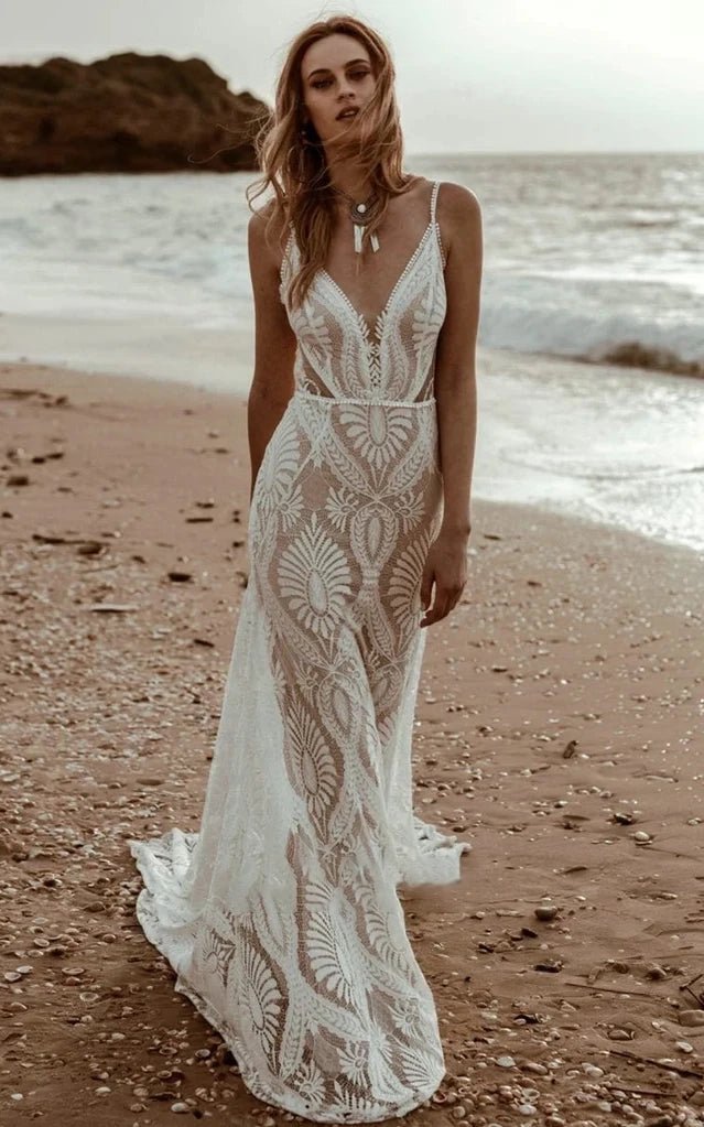 Beach Floral Mermaid Plunging Boho Lace Wedding Dress with Sweep Train – Wedding Dresses by Kissprom | Available at KissProm