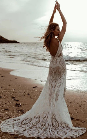Beach Floral Mermaid Plunging Boho Lace Wedding Dress with Sweep Train – Wedding Dresses by Kissprom | Available at KissProm