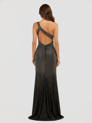 KissProm-Eluned Black One Shoulder Sheath Beaded Prom Dress With Split