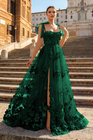 Scarlet Tulle A-line 3D Flower Long Prom Dress With Slit – Prom Dress by KissProm | Available at KissProm