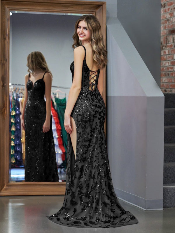 Sparkly Black Mermaid Sequins Long Prom Dress with Slit – Prom Dress by KissProm | Available at KissProm