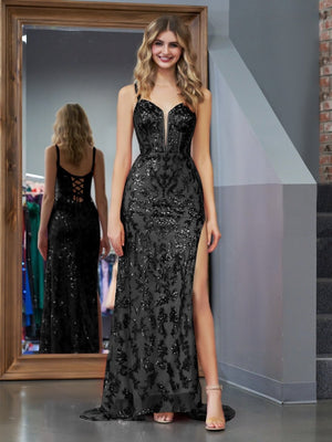 Sparkly Black Mermaid Sequins Long Prom Dress with Slit – Prom Dress by KissProm | Available at KissProm