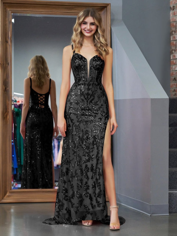 Sparkly Black Mermaid Sequins Long Prom Dress with Slit – Prom Dress by KissProm | Available at KissProm