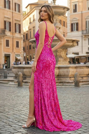 Sparkly Fuchsia Mermaid Sequins Long Prom Dress with Slit – Prom Dress by KissProm | Available at KissProm