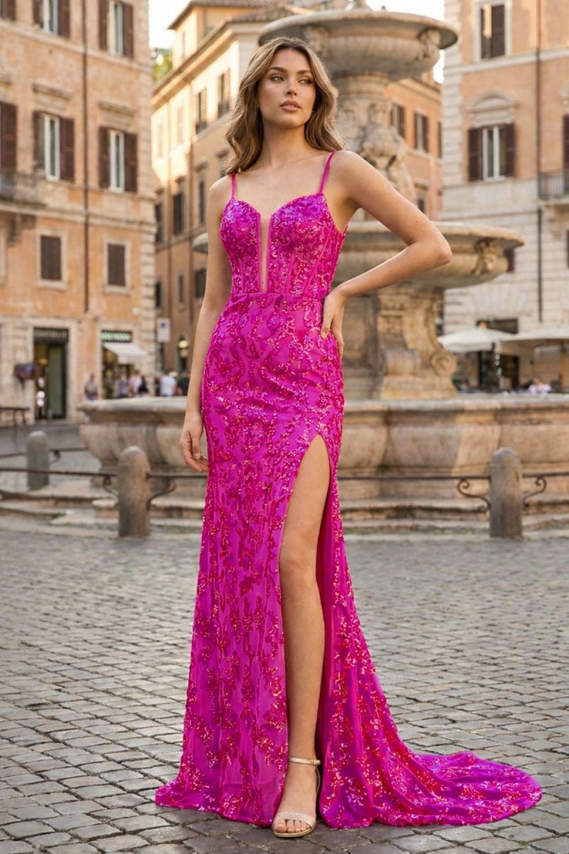 Sparkly Fuchsia Mermaid Sequins Long Prom Dress with Slit – Prom Dress by KissProm | Available at KissProm