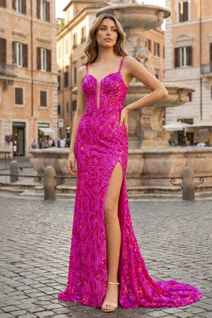 Sparkly Fuchsia Mermaid Sequins Long Prom Dress with Slit – Prom Dress by KissProm | Available at KissProm