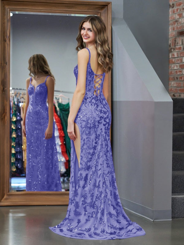 Purple Sheath Sequins Long Prom Dress with Slit – Prom Dress by KissProm | Available at KissProm