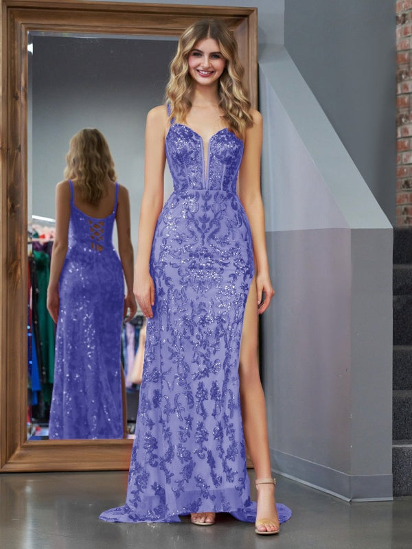 Purple Sheath Sequins Long Prom Dress with Slit – Prom Dress by KissProm | Available at KissProm