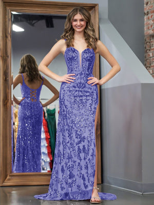 Purple Sheath Sequins Long Prom Dress with Slit – Prom Dress by KissProm | Available at KissProm