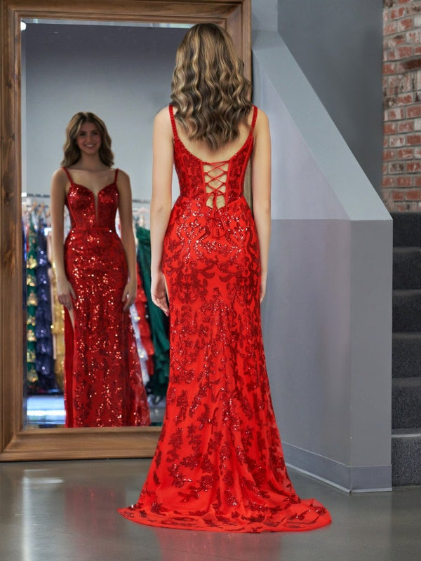 Sparkly Red Mermaid Sequins Long Prom Dress with Slit – Prom Dress by KissProm | Available at KissProm