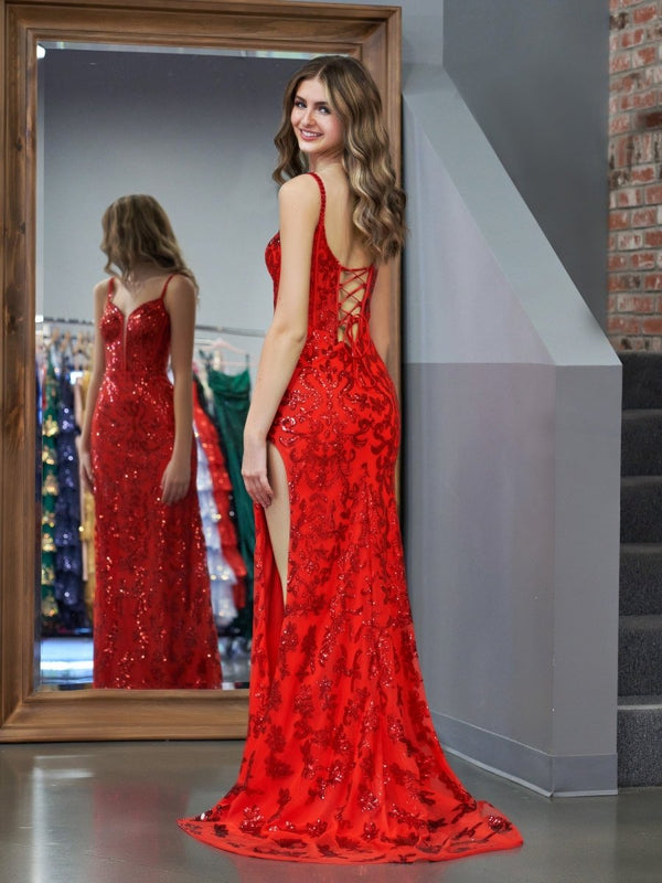 Sparkly Red Mermaid Sequins Long Prom Dress with Slit – Prom Dress by KissProm | Available at KissProm