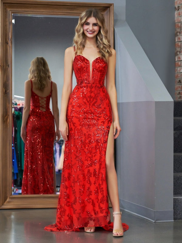Sparkly Red Mermaid Sequins Long Prom Dress with Slit – Prom Dress by KissProm | Available at KissProm