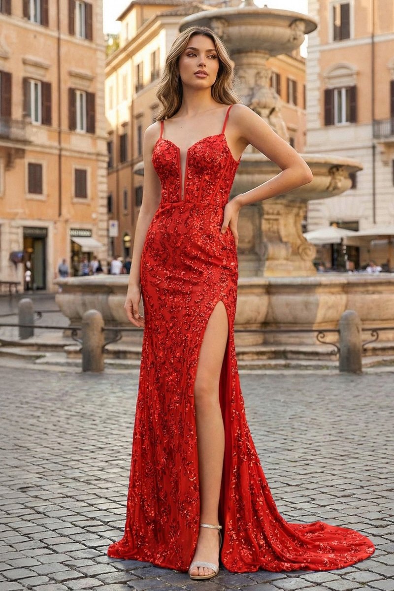 Sparkly Red Mermaid Sequins Long Prom Dress with Slit – Prom Dress by KissProm | Available at KissProm