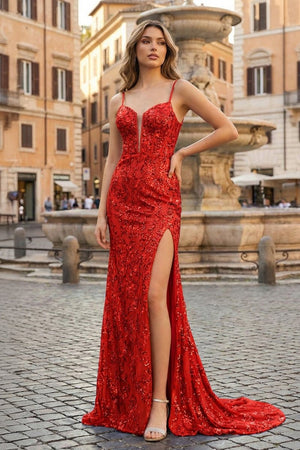 Sparkly Red Mermaid Sequins Long Prom Dress with Slit – Prom Dress by KissProm | Available at KissProm