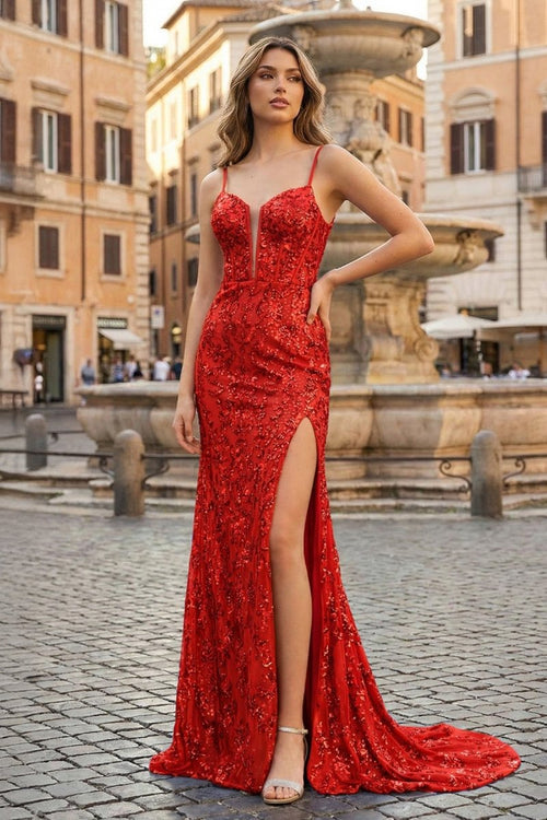 Sparkly Red Mermaid Sequins Long Prom Dress with Slit – Prom Dress by KissProm | Available at KissProm