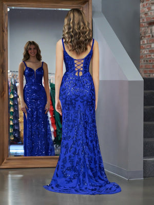Sparkly Royal Blue Sheath Sequins Long Prom Dress with Slit – Prom Dress by KissProm | Available at KissProm