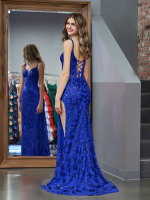 Sparkly Royal Blue Sheath Sequins Long Prom Dress with Slit – Prom Dress by KissProm | Available at KissProm