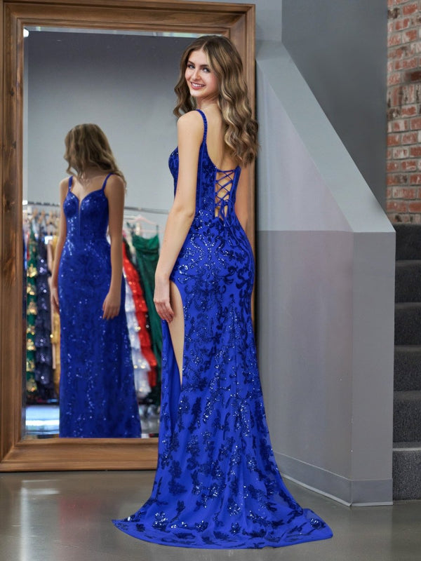 Sparkly Royal Blue Sheath Sequins Long Prom Dress with Slit – Prom Dress by KissProm | Available at KissProm