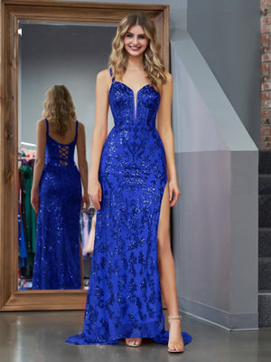 Sparkly Royal Blue Sheath Sequins Long Prom Dress with Slit – Prom Dress by KissProm | Available at KissProm