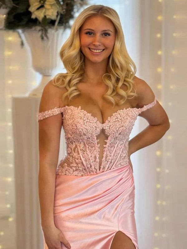 Mermaid Off The Shoulder Pink Satin Long Prom Dresses With Split – Prom Dresses by KissProm | Available at KissProm