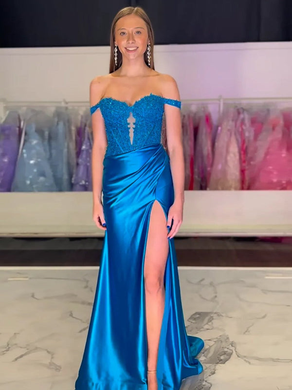 Mermaid Off The Shoulder Pink Satin Long Prom Dresses With Split – Prom Dresses by KissProm | Available at KissProm