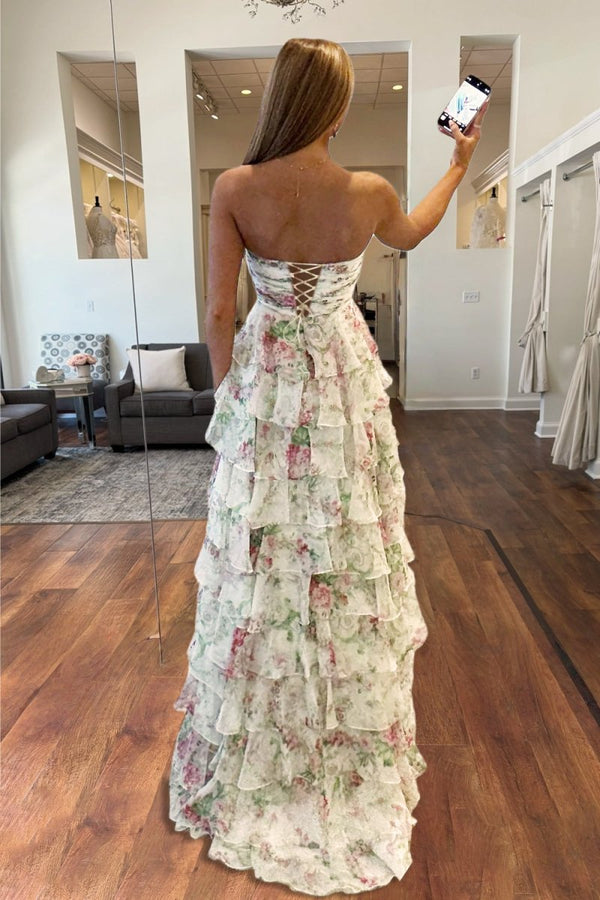 Esmelle | Ivory - Strapless A Line Floral Chiffon Ruffled Formal Prom Dresses With Slit - KissProm
