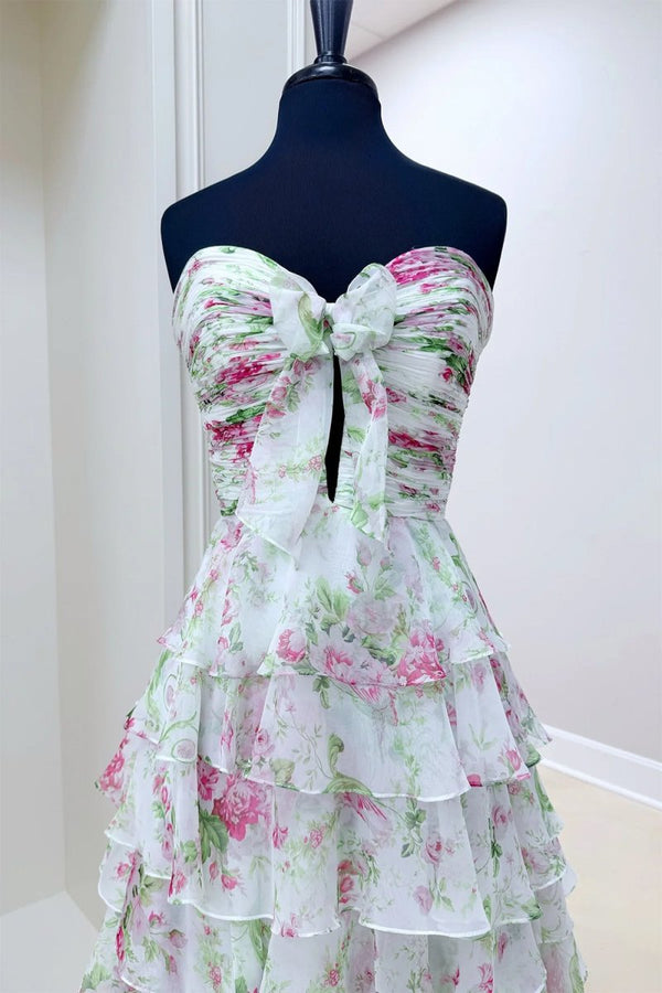 Esmelle | Ivory - Strapless A Line Floral Chiffon Ruffled Formal Prom Dresses With Slit - KissProm