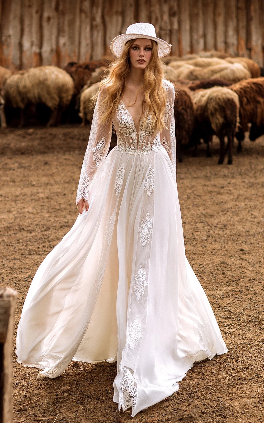 A-Line Boho Lace Wedding Dress with Sleeves Plunging Neckline Sweep Train – Wedding Dresses by Kissprom | Available at KissProm