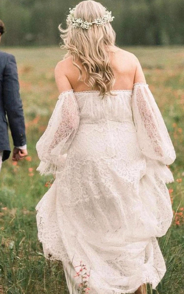 Ethereal Off-the-shoulder A Line Lace Court Train Open Back Wedding Dress with Ruching