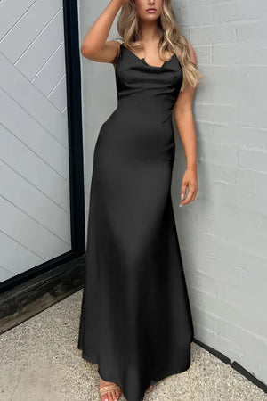 Evale | Black - Sheath Spaghetti Straps Satin Long Prom Dresses With Pearls - KissProm