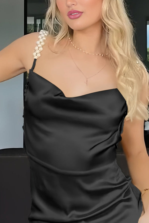 Evale | Black - Sheath Spaghetti Straps Satin Long Prom Dresses With Pearls - KissProm