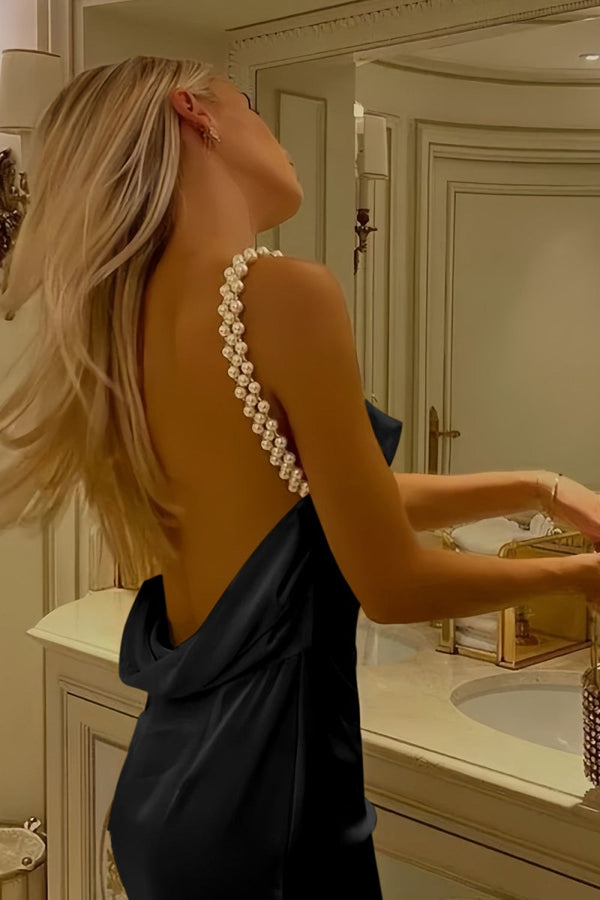 Evale | Black - Sheath Spaghetti Straps Satin Long Prom Dresses With Pearls - KissProm