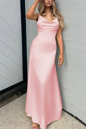 Evale | Pink - Sheath Spaghetti Straps Satin Long Prom Dresses With Pearls - KissProm