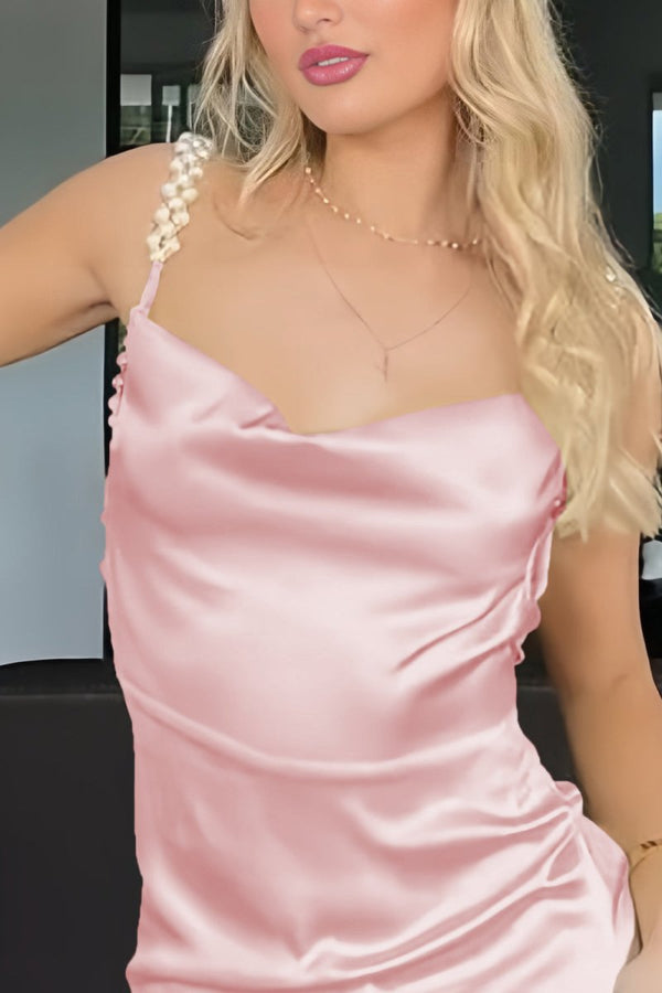 Evale | Pink - Sheath Spaghetti Straps Satin Long Prom Dresses With Pearls - KissProm