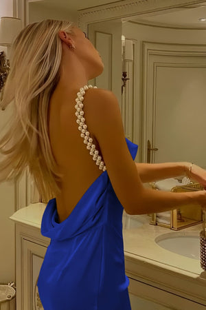 Evale | Royal Blue - Sheath Spaghetti Straps Satin Long Prom Dresses With Pearls - KissProm