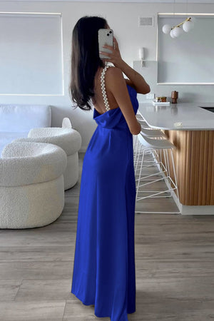 Evale | Yellow - Sheath Spaghetti Straps Satin Long Prom Dresses With Pearls - KissProm