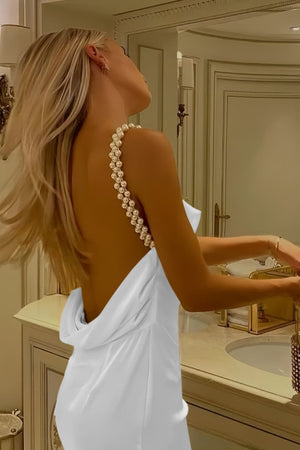 Evale | White - Sheath Spaghetti Straps Satin Long Prom Dresses With Pearls - KissProm