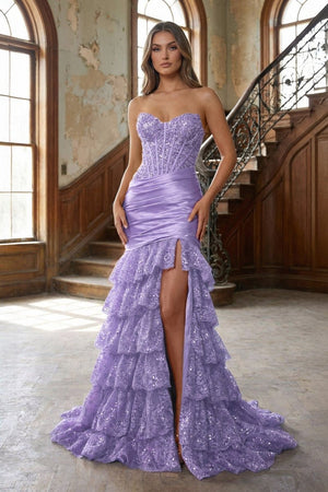 Red Strapless Sweetheart Mermaid Pleated Layered Long Prom Dress With Slit – Prom Dresses by KissProm | Available at KissProm