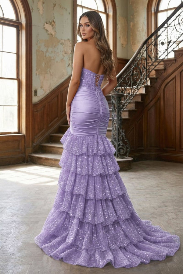 Red Strapless Sweetheart Mermaid Pleated Layered Long Prom Dress With Slit – Prom Dresses by KissProm | Available at KissProm