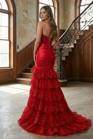 Red Strapless Sweetheart Mermaid Pleated Layered Long Prom Dress With Slit – Prom Dresses by KissProm | Available at KissProm