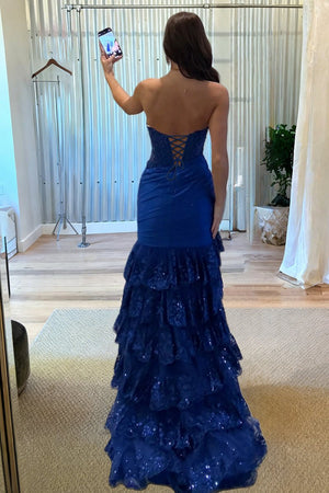 Red Strapless Sweetheart Mermaid Pleated Layered Long Prom Dress With Slit – Prom Dresses by KissProm | Available at KissProm