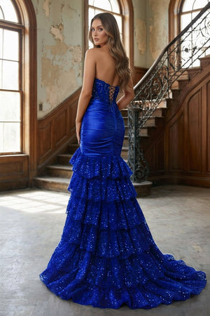 Red Strapless Sweetheart Mermaid Pleated Layered Long Prom Dress With Slit – Prom Dresses by KissProm | Available at KissProm