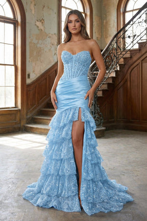 Red Strapless Sweetheart Mermaid Pleated Layered Long Prom Dress With Slit – Prom Dresses by KissProm | Available at KissProm