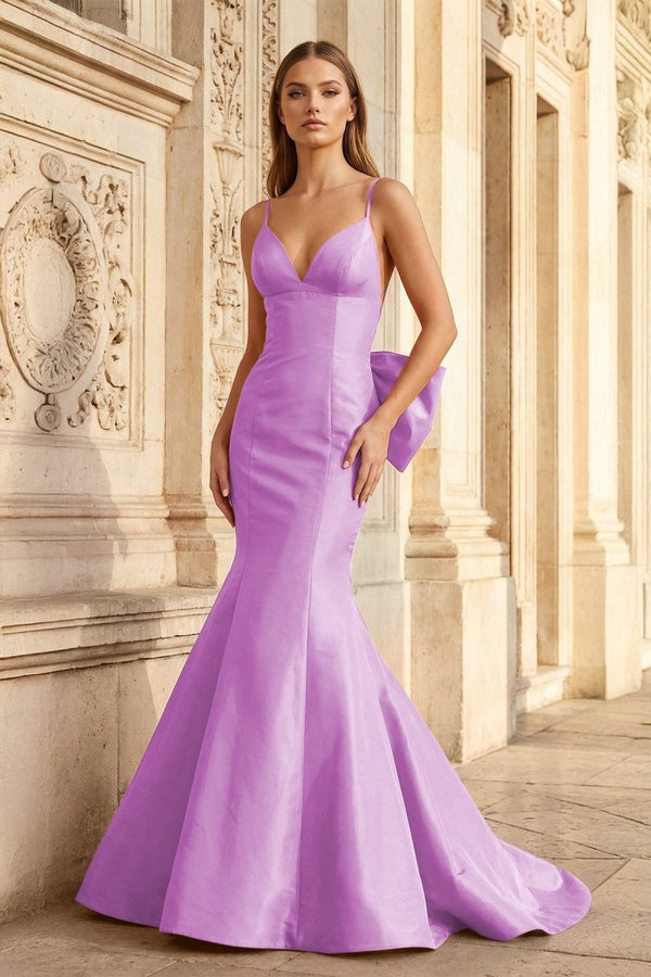 Hot Pink Spaghetti Straps Bow - Back Trumpet Long Gown - KissProm