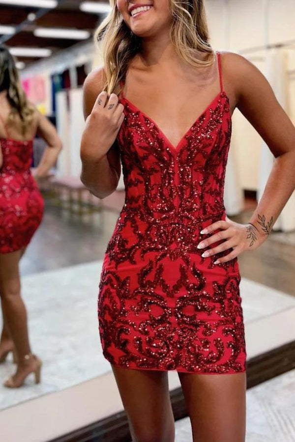  Royal Blue V Neck Bodycon Mini Party Dresses with Sequins Appliques – Prom Dress by KissProm | Available at KissProm