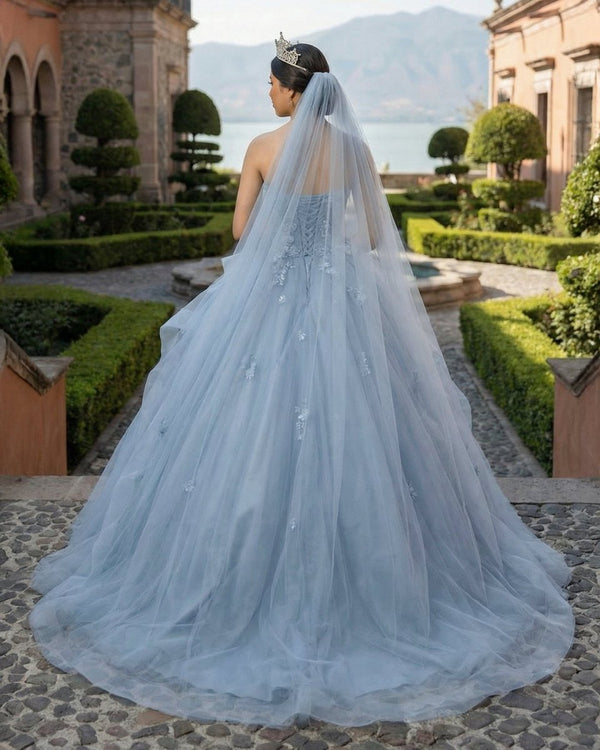 Grey Blue Tulle A - Line Sweetheart Lace - Up Back Quinceanera Dress - KissProm
